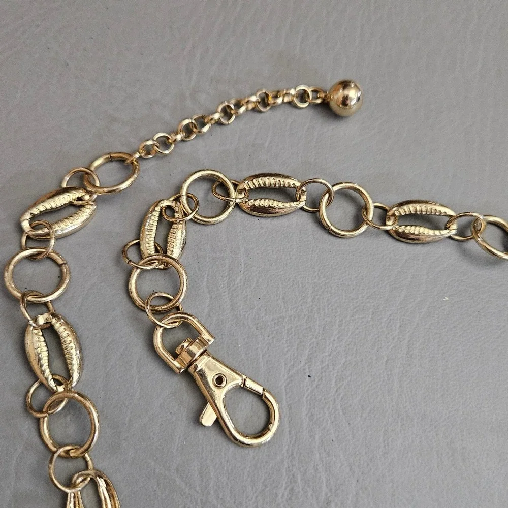 Gold Tone Cowrie Shell Shaped Chain Belt Adjustable Metal Waist 42 Inch Goddess